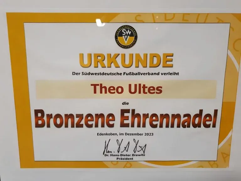 Theo Ultes Ehrennadel Urkunde - FC Erlenbach